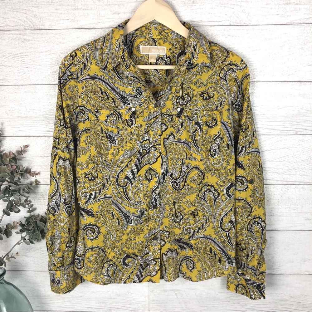 MICHAEL KORS Yellow Paisley Button Down Shirt Top